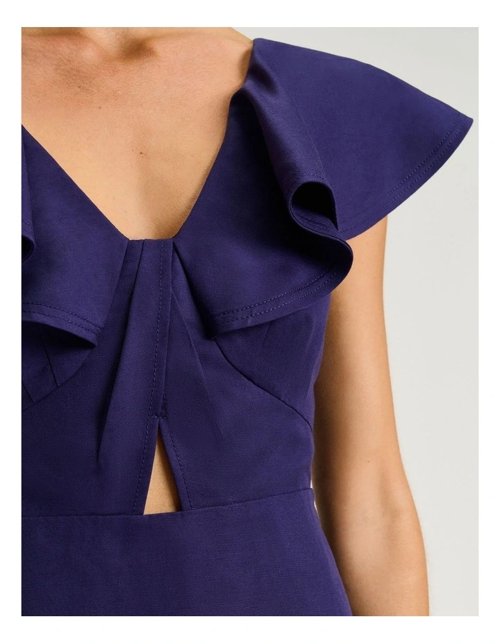 Linen Lyocell Blend Ruffle Neck Dress in Blue image 4