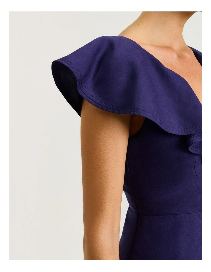 Linen Lyocell Blend Ruffle Neck Dress in Blue image 5