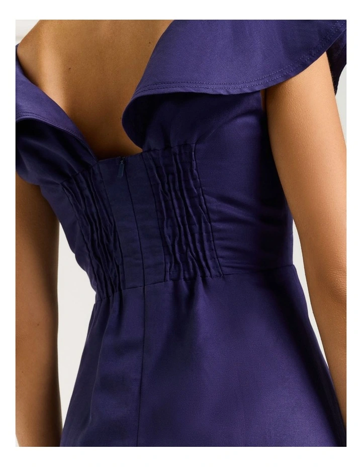 Linen Lyocell Blend Ruffle Neck Dress in Blue image 6