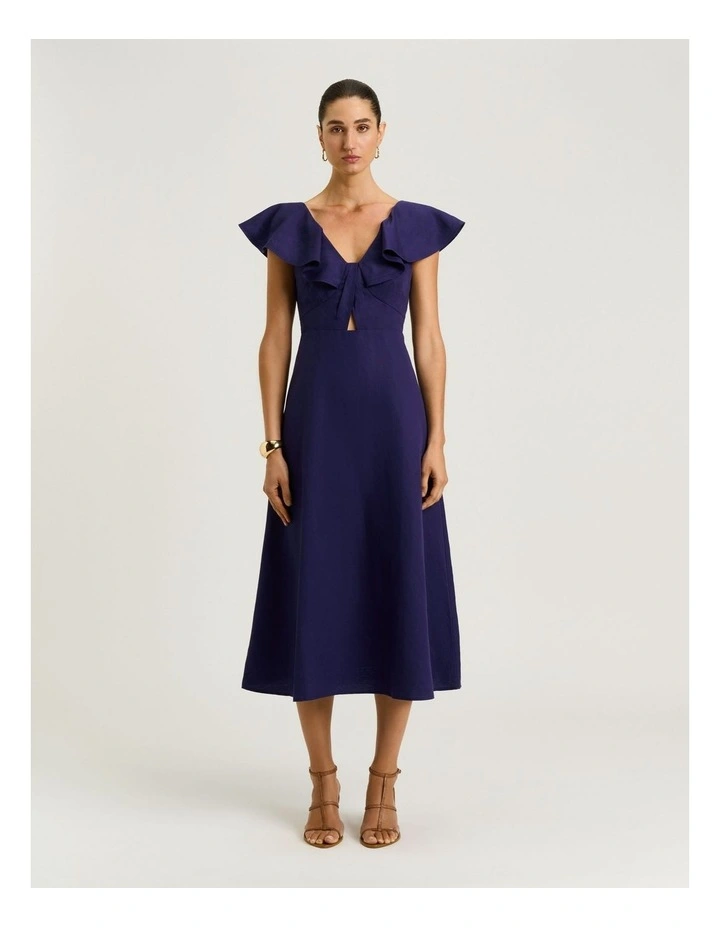 Linen Lyocell Blend Ruffle Neck Dress in Blue image 7