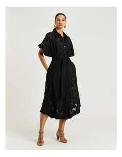 Sheer Leaves Burnout Shirt Dress in Black
