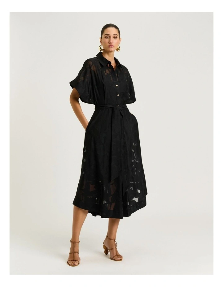 Sheer Leaves Burnout Shirt Dress in Black image 1