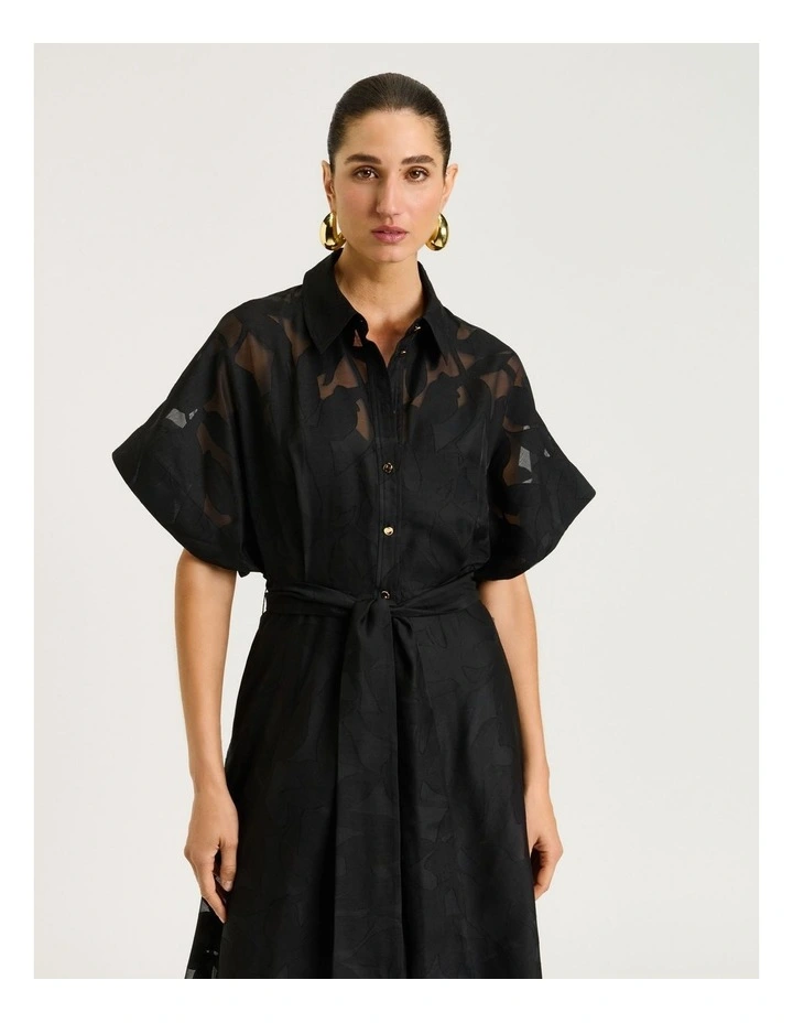 Sheer Leaves Burnout Shirt Dress in Black image 3