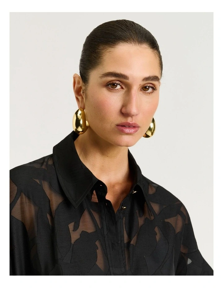 Sheer Leaves Burnout Shirt Dress in Black image 4