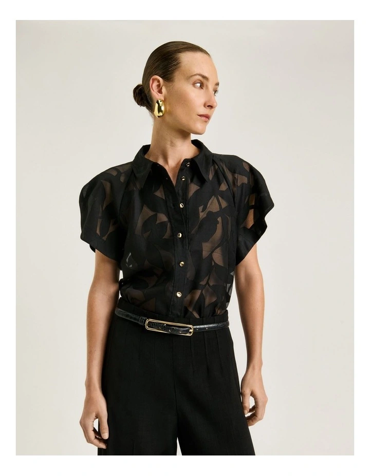 Sheer Leaves Burnout Shirt in Black image 1