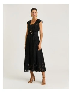 Sheer Leaves Burnout Midi Dress in Black