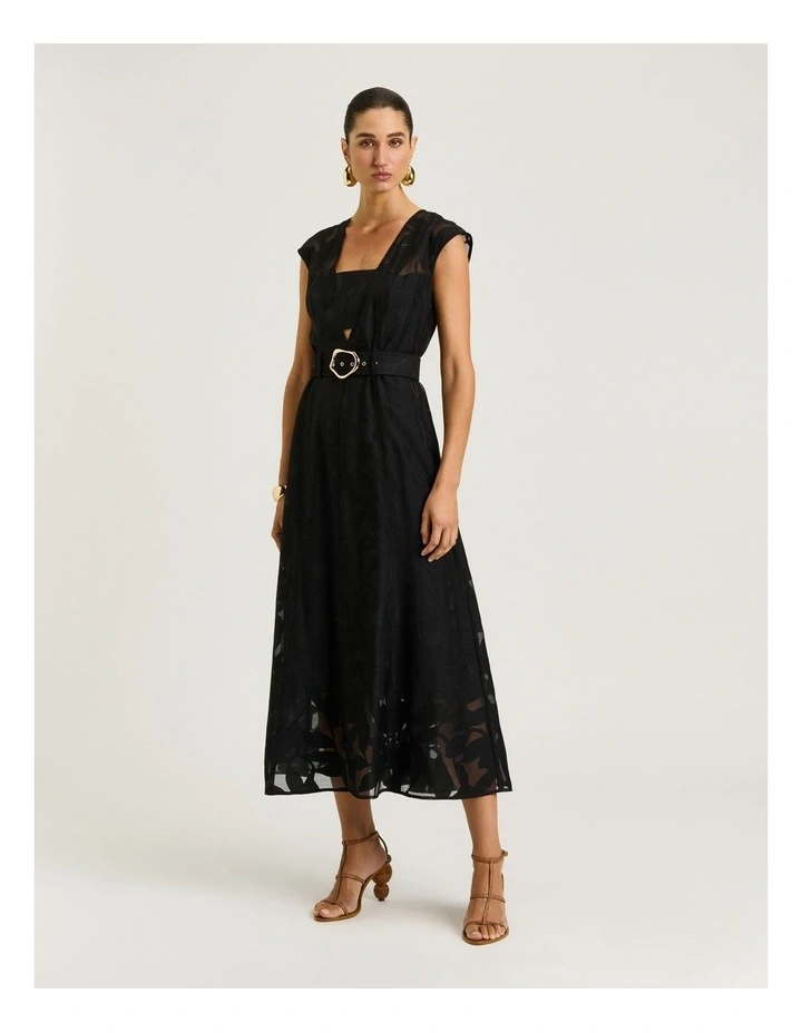 Sheer Leaves Burnout Midi Dress in Black image 1