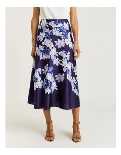 Midnight Climbing Vine Satin Midi Skirt in Blue