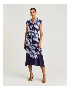 Midnight Climbing Vine Satin Midi Dress in Blue