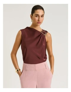 Washer Satin Gathered Shoulder Top in Brown