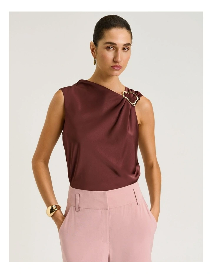 Washer Satin Gathered Shoulder Top in Brown image 1