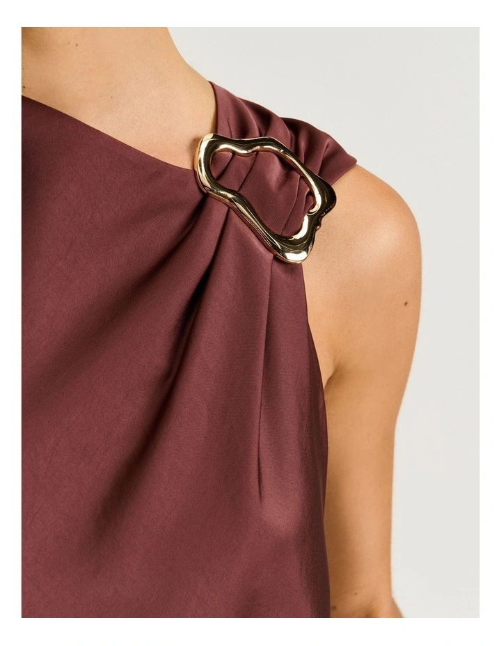 Washer Satin Gathered Shoulder Top in Brown image 3