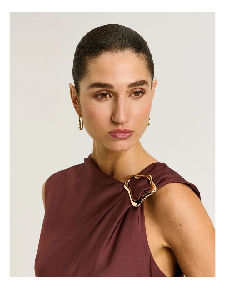 Washer Satin Gathered Shoulder Top in Brown image 4