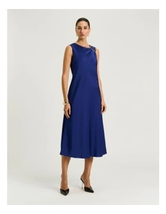 Washer Satin Gathered Shoulder Midi Dress in Blue