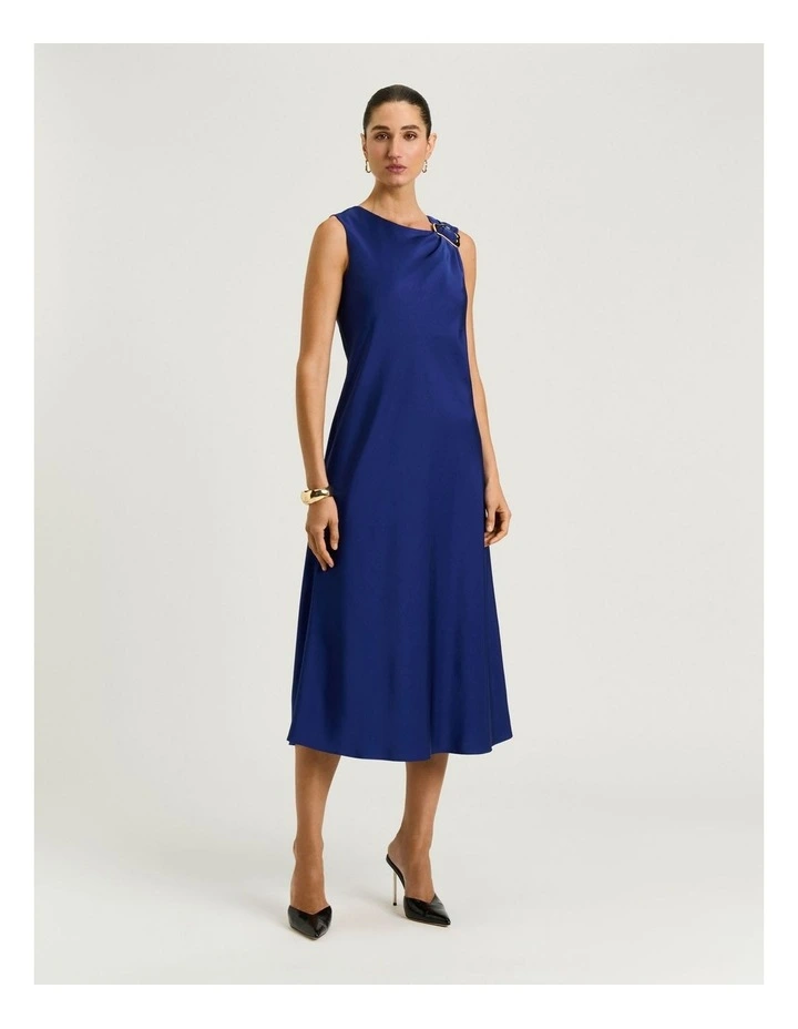 Washer Satin Gathered Shoulder Midi Dress in Blue image 1