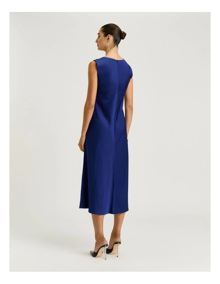 Washer Satin Gathered Shoulder Midi Dress in Blue image 2