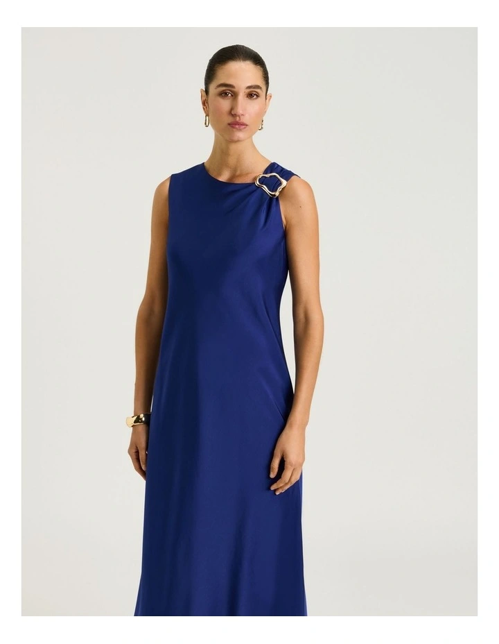 Washer Satin Gathered Shoulder Midi Dress in Blue image 3