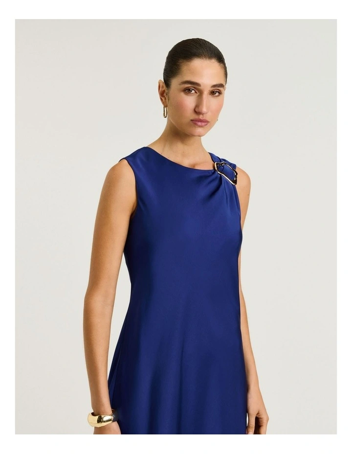 Washer Satin Gathered Shoulder Midi Dress in Blue image 4