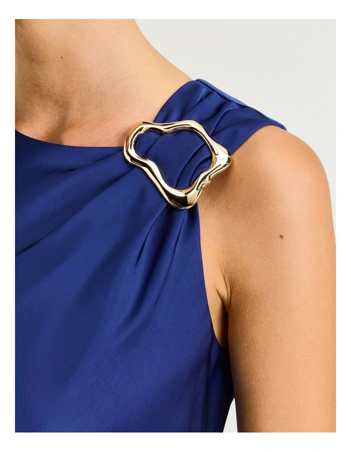 Washer Satin Gathered Shoulder Midi Dress in Blue image 5