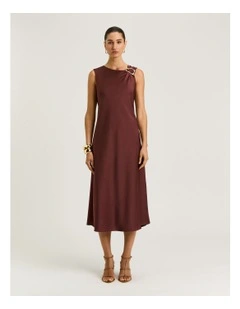 Washer Satin Gathered Shoulder Midi Dress in Brown