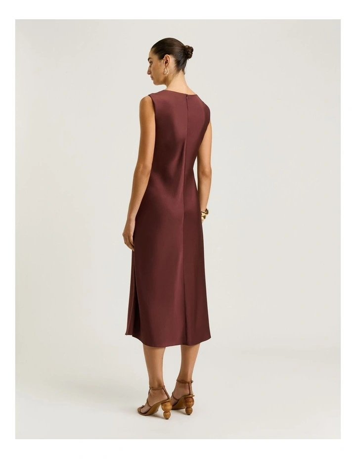 Washer Satin Gathered Shoulder Midi Dress in Brown image 2