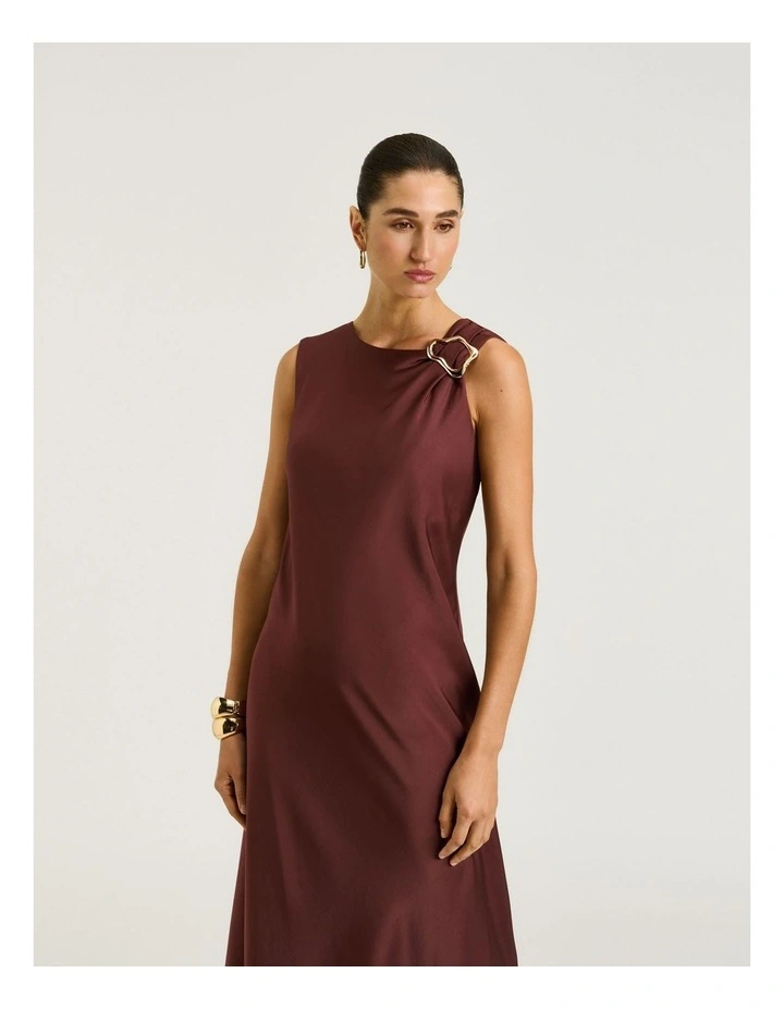 Washer Satin Gathered Shoulder Midi Dress in Brown image 3