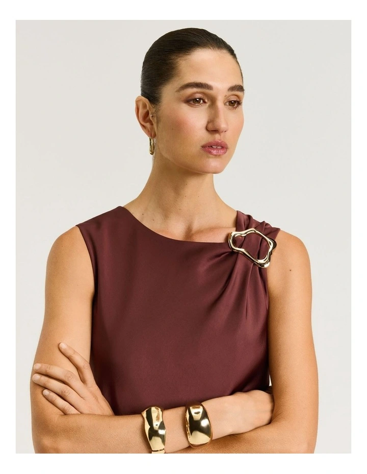 Washer Satin Gathered Shoulder Midi Dress in Brown image 4