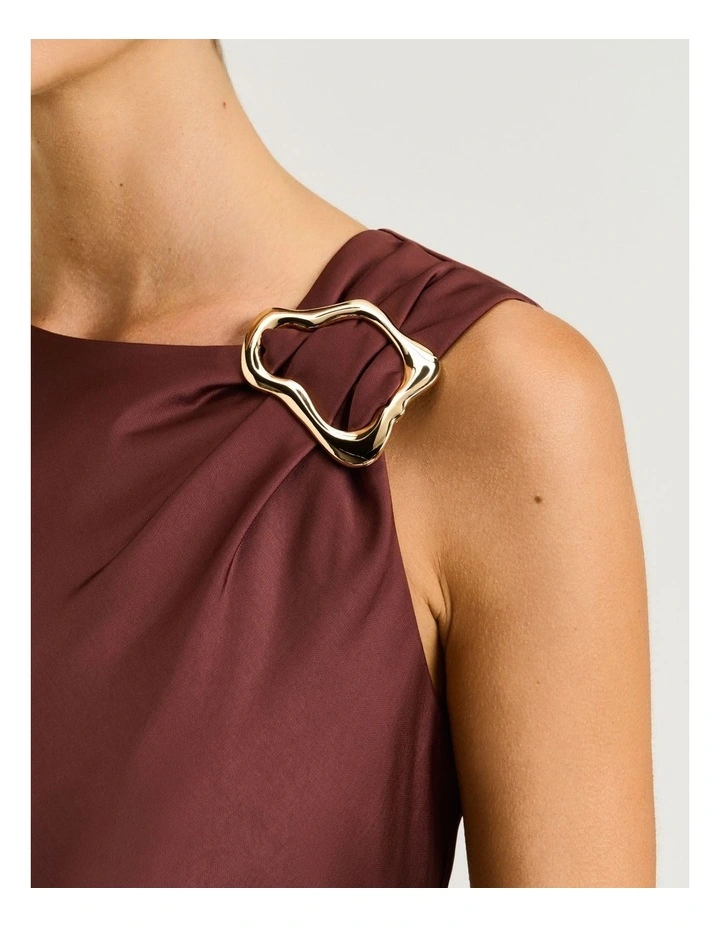 Washer Satin Gathered Shoulder Midi Dress in Brown image 5