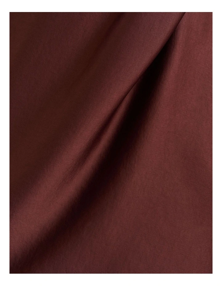 Washer Satin Gathered Shoulder Midi Dress in Brown image 6