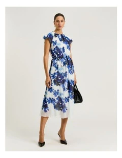 Ivory Climbing Vine Belted Midi Dress in White