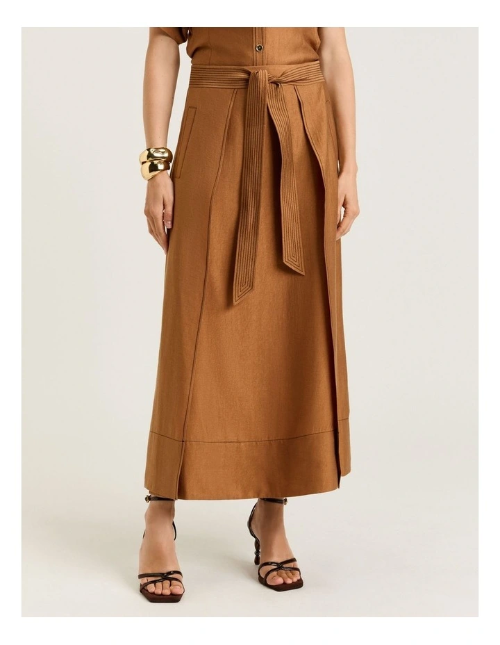 Washer Lyocell Belted Midi Skirt in Brown image 1