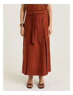 Washer Lyocell Belted Midi Skirt in Orange