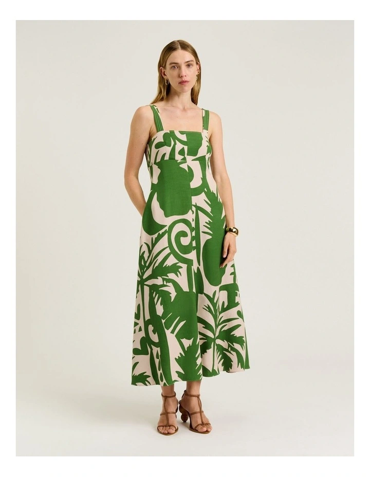 Tropical Shadow Viscose Linen Sundress in Green image 1