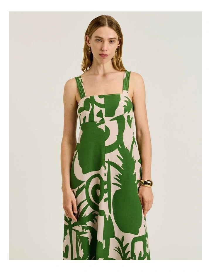 Tropical Shadow Viscose Linen Sundress in Green image 3