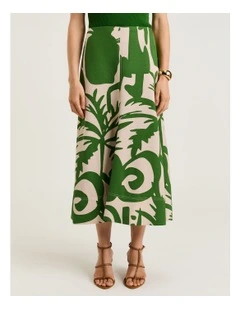 Tropical Shadow Viscose Linen Midi Skirt in Green