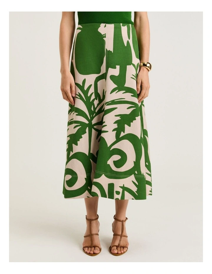 Tropical Shadow Viscose Linen Midi Skirt in Green image 1