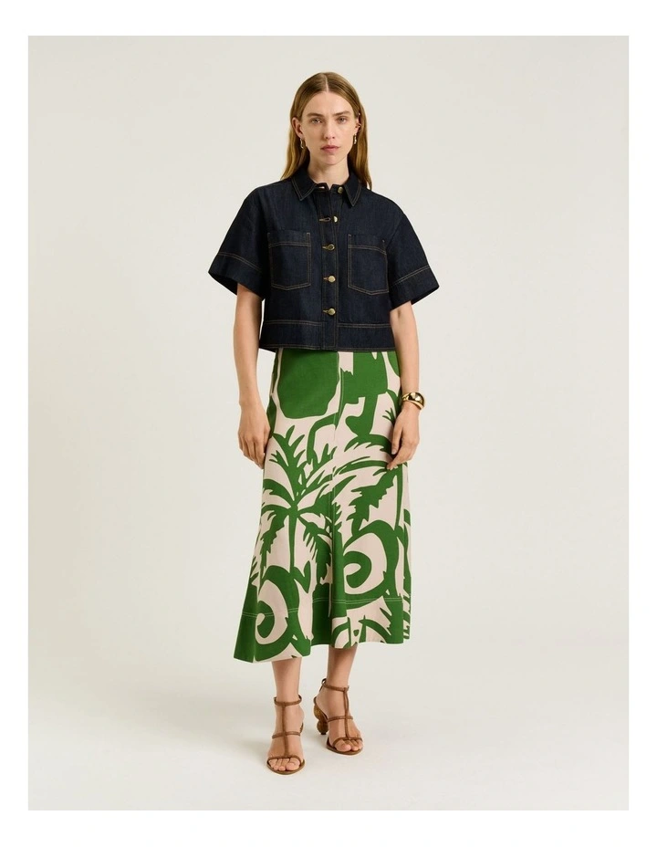 Tropical Shadow Viscose Linen Midi Skirt in Green image 5