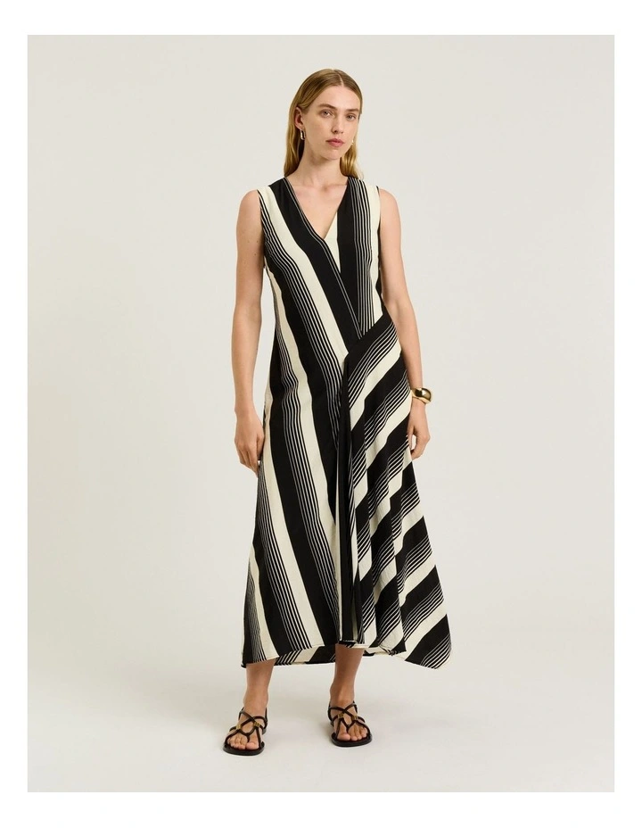 Bold Stripe Bias Cut Midi Dress in Black image 1