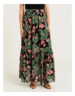 Noir Batik Bloom Georgette Tiered Maxi Skirt in Multi