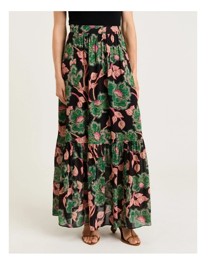 Noir Batik Bloom Georgette Tiered Maxi Skirt in Multi image 1