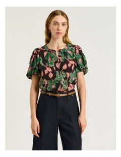 Noir Batik Bloom Georgette Gathered Sleeve Blouse in Multi