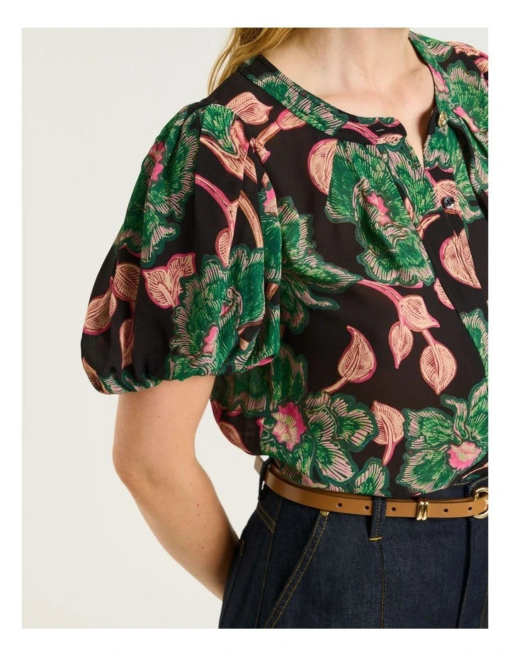 Noir Batik Bloom Georgette Gathered Sleeve Blouse in Multi image 3