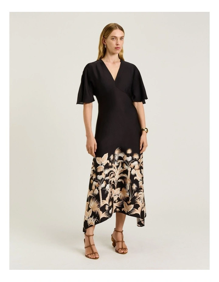 Tropical Border Satin Midi Dress in Black image 1