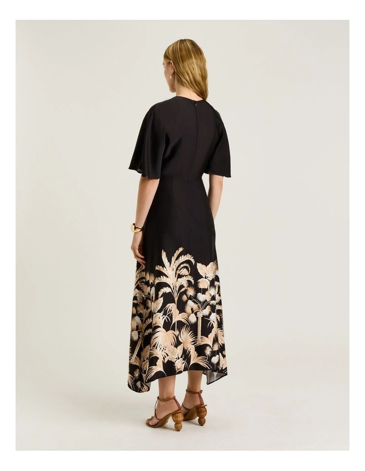 Tropical Border Satin Midi Dress in Black image 2
