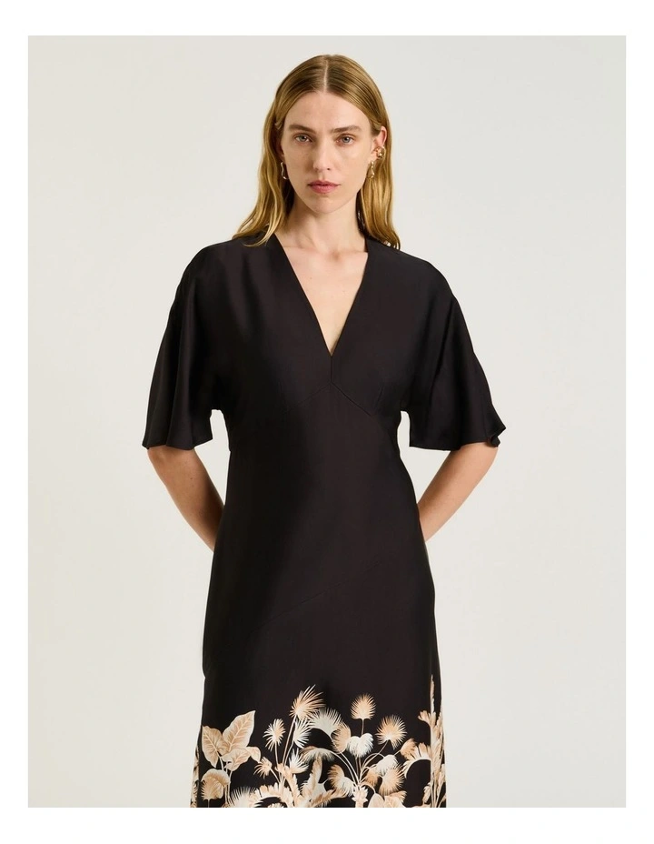 Tropical Border Satin Midi Dress in Black image 3