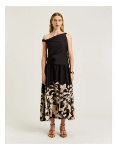 Tropical Border Asymmetric Neck Dress in Black