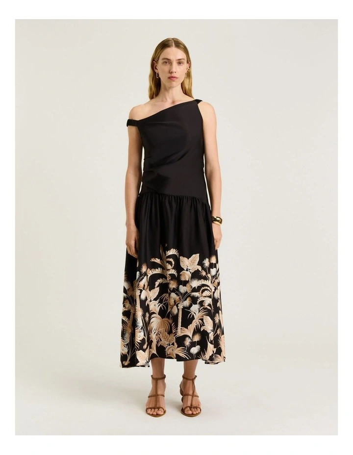 Tropical Border Asymmetric Neck Dress in Black image 1