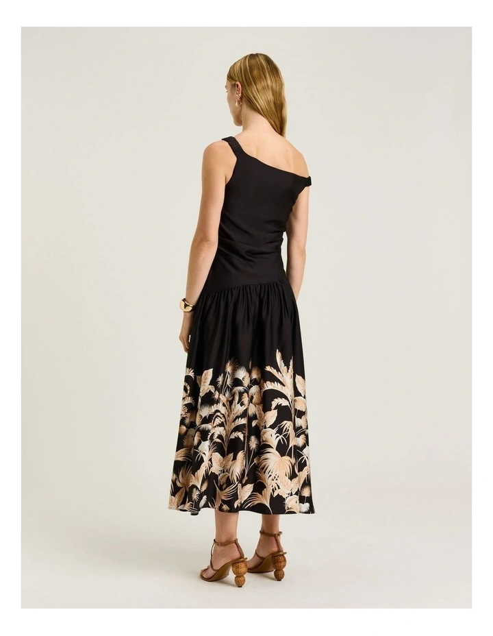 Tropical Border Asymmetric Neck Dress in Black image 2