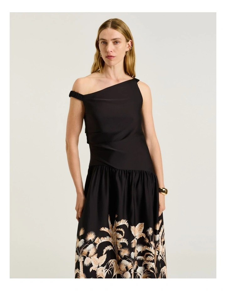 Tropical Border Asymmetric Neck Dress in Black image 3