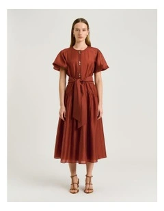 LIGHT LYOCELL BLEND BLOUSON SLEEVE MIDI DRESS